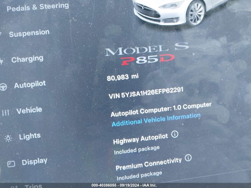 2014 Tesla Model S P85D VIN: 5YJSA1H26EFP62291 Lot: 40386055