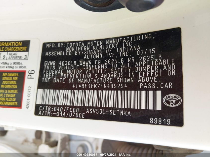 4T4BF1FK7FR489294 2015 Toyota Camry Le