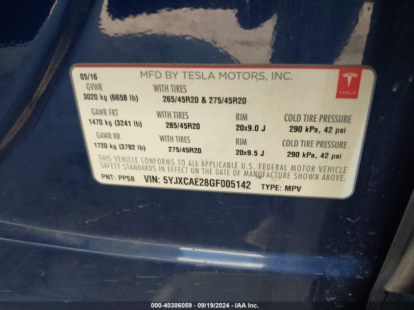 5YJXCAE28GF005142 2016 Tesla Model X 60D/70D/75D/90D