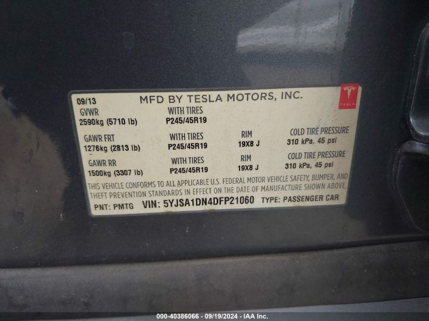 2013 Tesla Model S VIN: 5YJSA1DN4DFP21060 Lot: 40386066