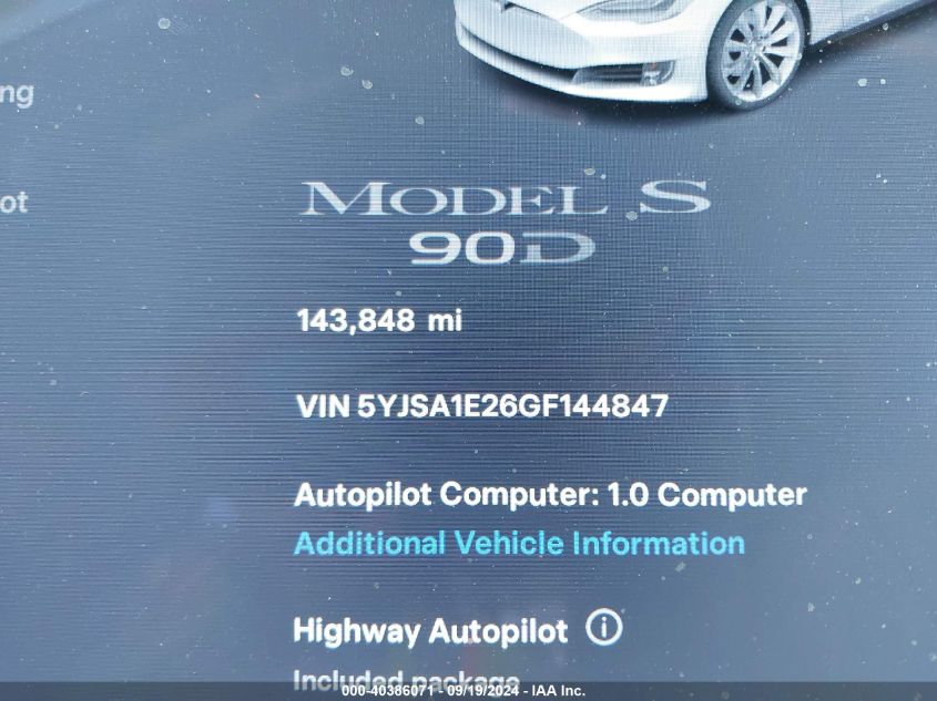 2016 Tesla Model S 60D/70D/75D/85D/90D VIN: 5YJSA1E26GF144847 Lot: 40386071