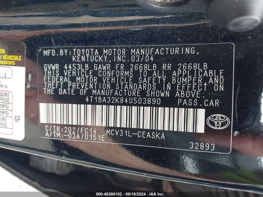 2004 Toyota Camry Se V6 VIN: 4T1BA32K84U503890 Lot: 40386102