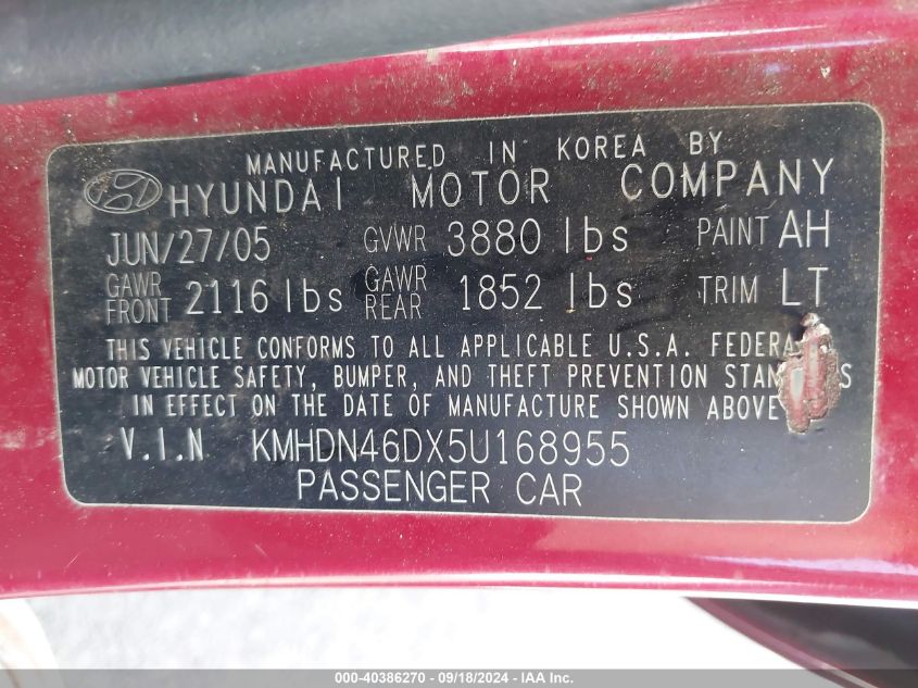 KMHDN46DX5U168955 2005 Hyundai Elantra Gls/Gt