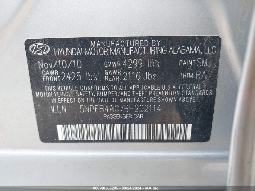 5NPEB4AC7BH202114 2011 Hyundai Sonata Gls Pzev