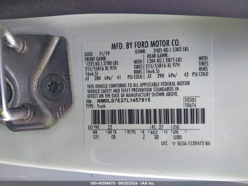 2020 Ford Transit Connect Xl VIN: NM0LS7E27L1457815 Lot: 40386470