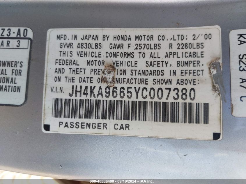 JH4KA9665YC007380 2000 Acura Rl 3.5