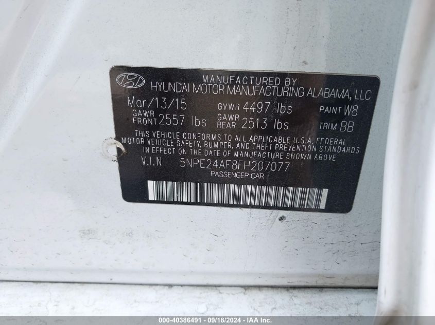 5NPE24AF8FH207077 2015 Hyundai Sonata Se