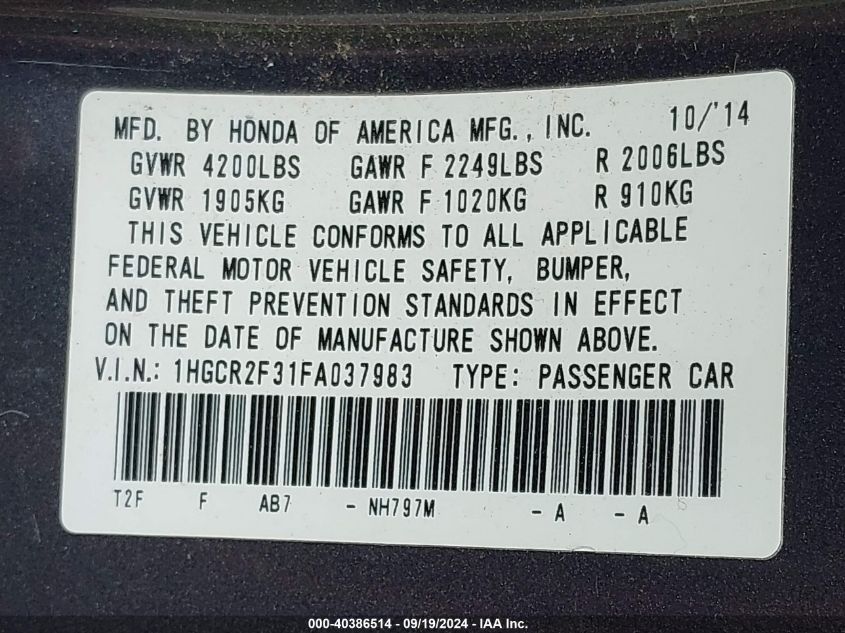 1HGCR2F31FA037983 2015 Honda Accord Lx