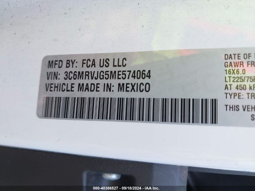 2021 Ram Promaster 3500 Cargo Van High Roof 159 Wb Ext VIN: 3C6MRVJG5ME574064 Lot: 40386527