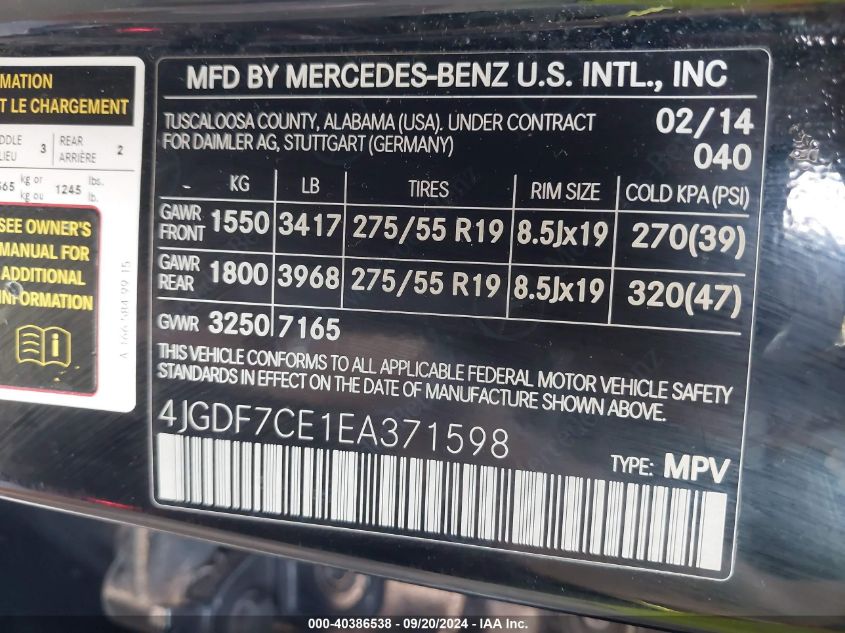 4JGDF7CE1EA371598 2014 Mercedes-Benz Gl 450 4Matic