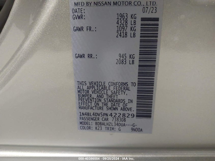 1N4BL4DV5PN422829 2023 Nissan Altima Sv Fwd