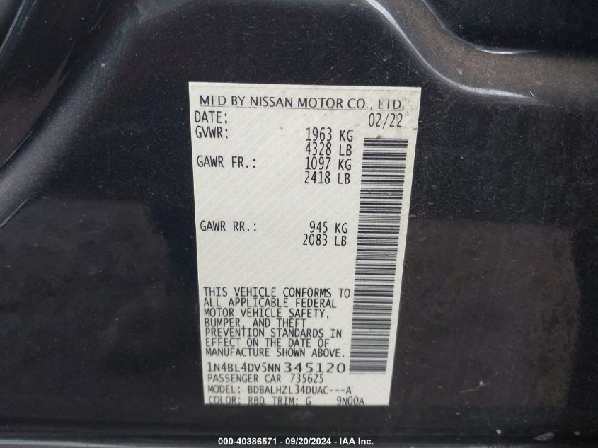 2022 Nissan Altima Sv Fwd VIN: 1N4BL4DV5NN345120 Lot: 40386571