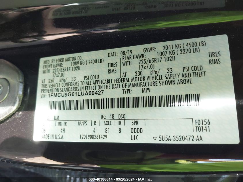 1FMCU9G61LUA09427 2020 Ford Escape Se