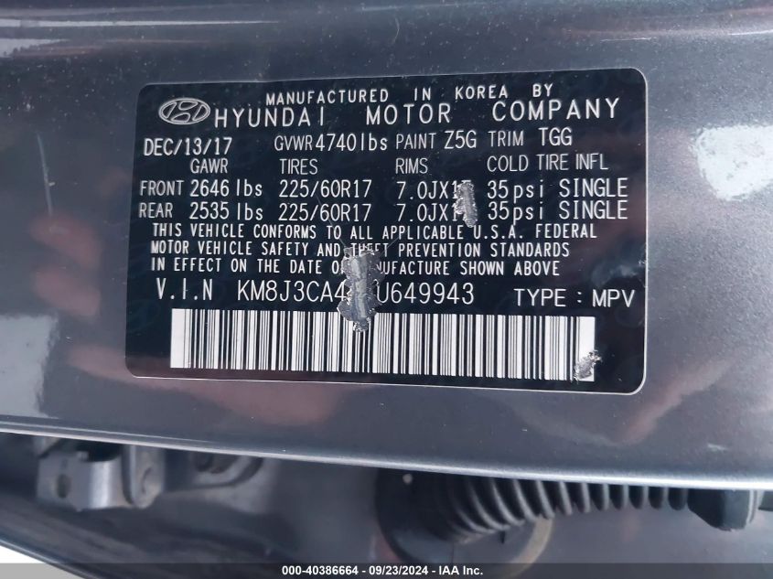 KM8J3CA43JU649943 2018 Hyundai Tucson Limited/Sport And Eco/Se