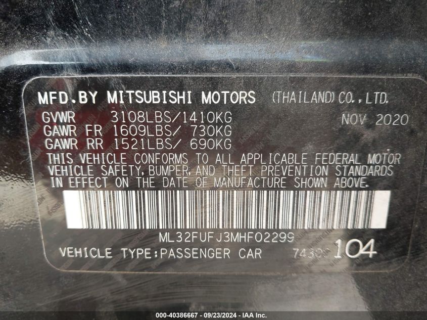 ML32FUFJ3MHF02299 2021 Mitsubishi Mirage G4 Carbonite Edition/Es/Le