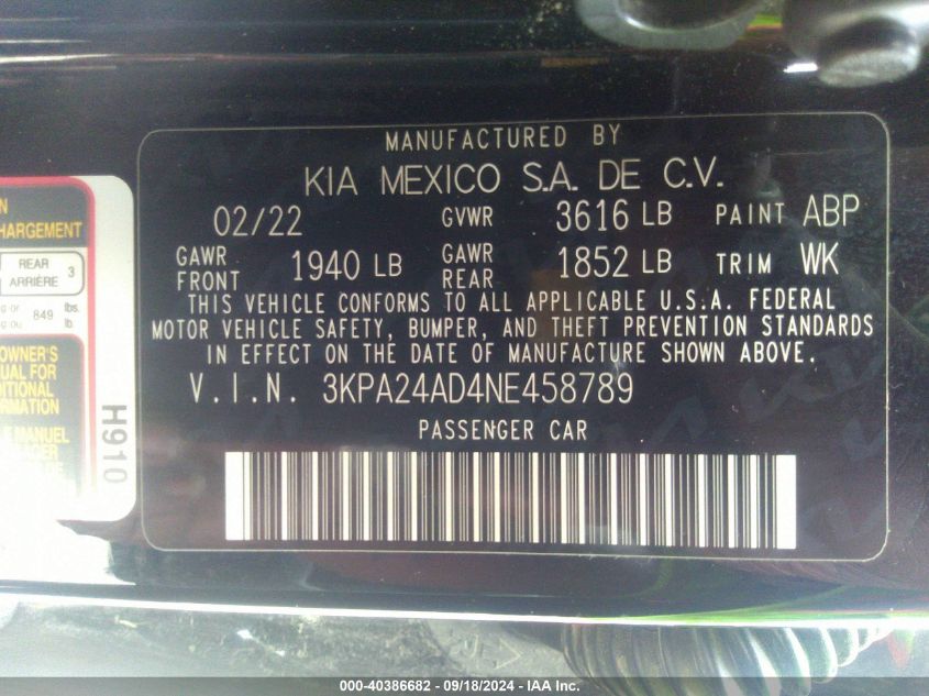 VIN 3KPA24AD4NE458789 2022 KIA RIO S