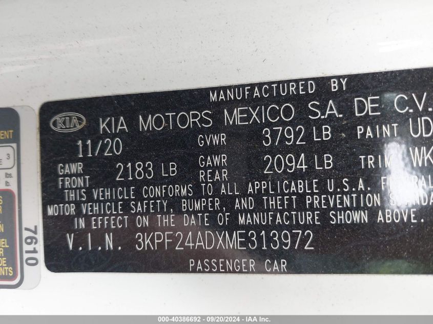 2021 Kia Forte Lxs VIN: 3KPF24ADXME313972 Lot: 40386692