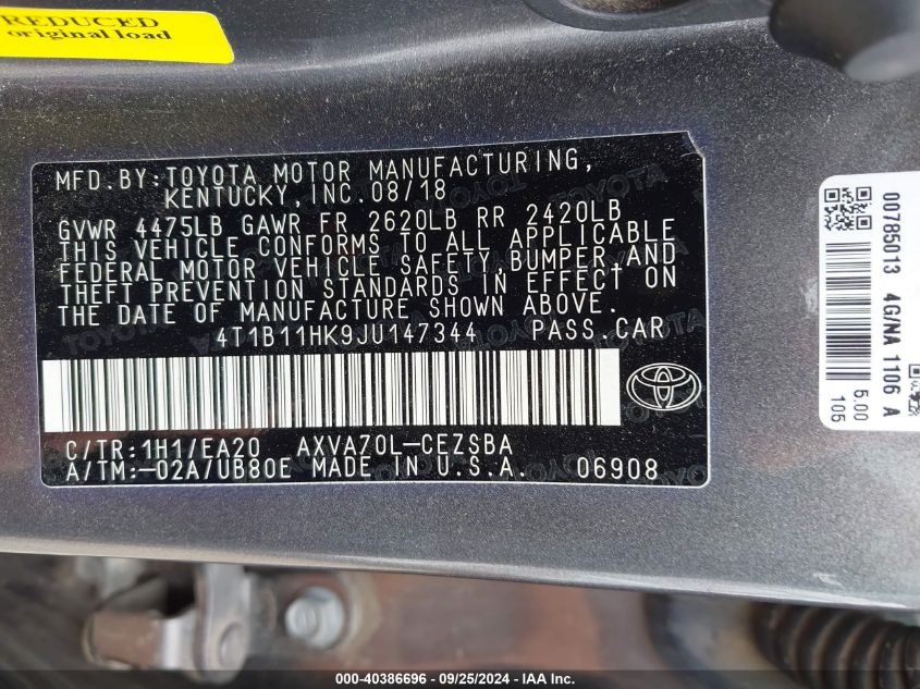 4T1B11HK9JU147344 2018 Toyota Camry Se