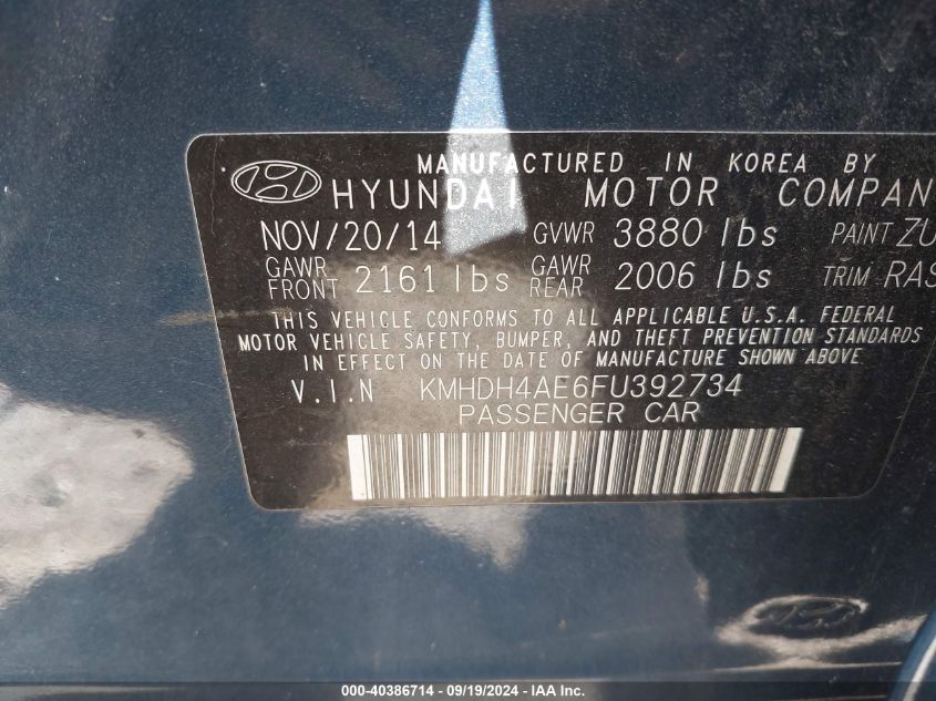 2015 Hyundai Elantra Se VIN: KMHDH4AE6FU392734 Lot: 40386714