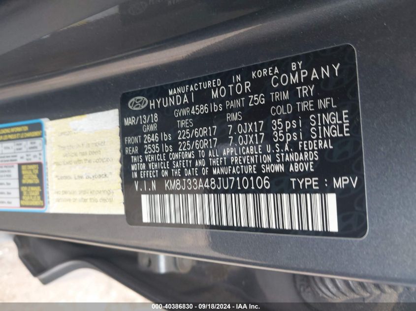 KM8J33A48JU710106 2018 Hyundai Tucson Sel Plus