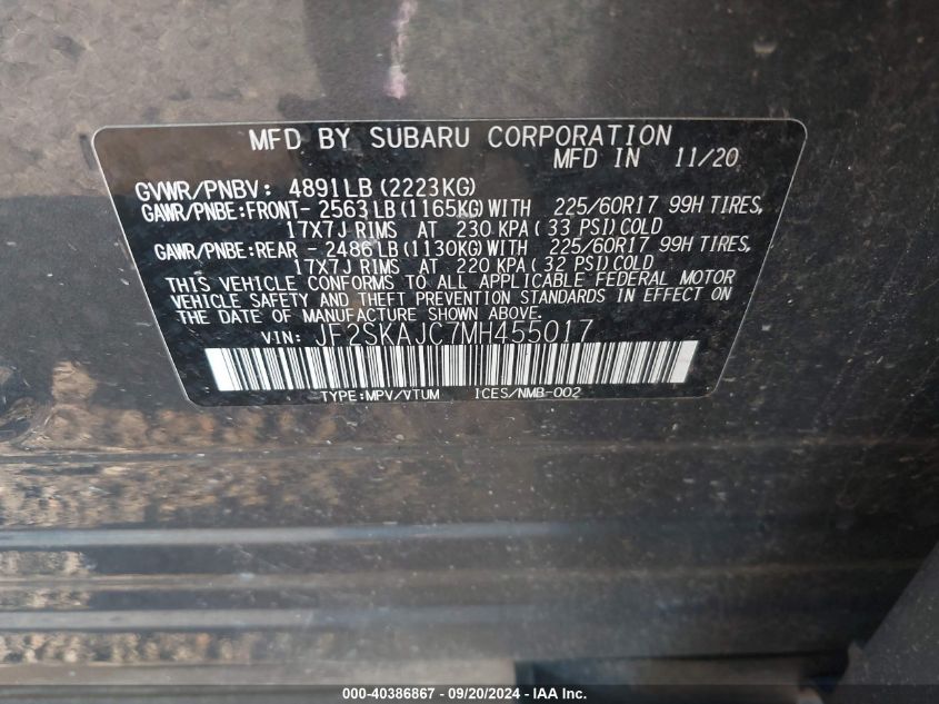 2021 Subaru Forester Premium VIN: JF2SKAJC7MH455017 Lot: 40386867