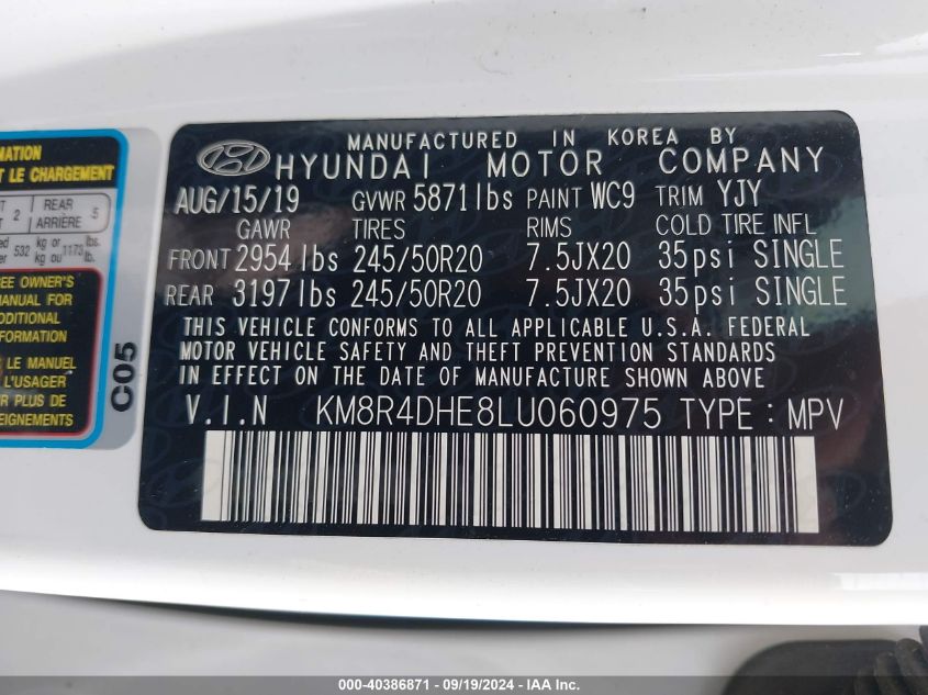 2020 Hyundai Palisade Sel VIN: KM8R4DHE8LU060975 Lot: 40386871