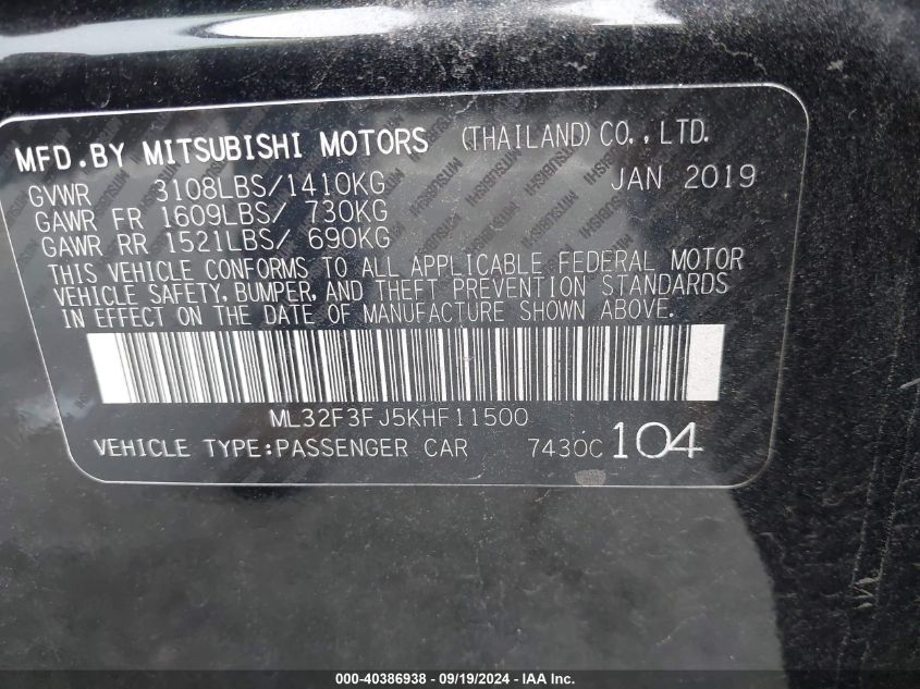 2019 Mitsubishi Mirage G4 Es VIN: ML32F3FJ5KHF11500 Lot: 40386938