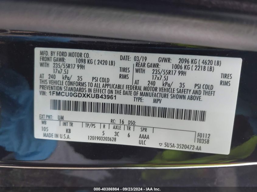 2019 FORD ESCAPE SE - 1FMCU0GDXKUB43961