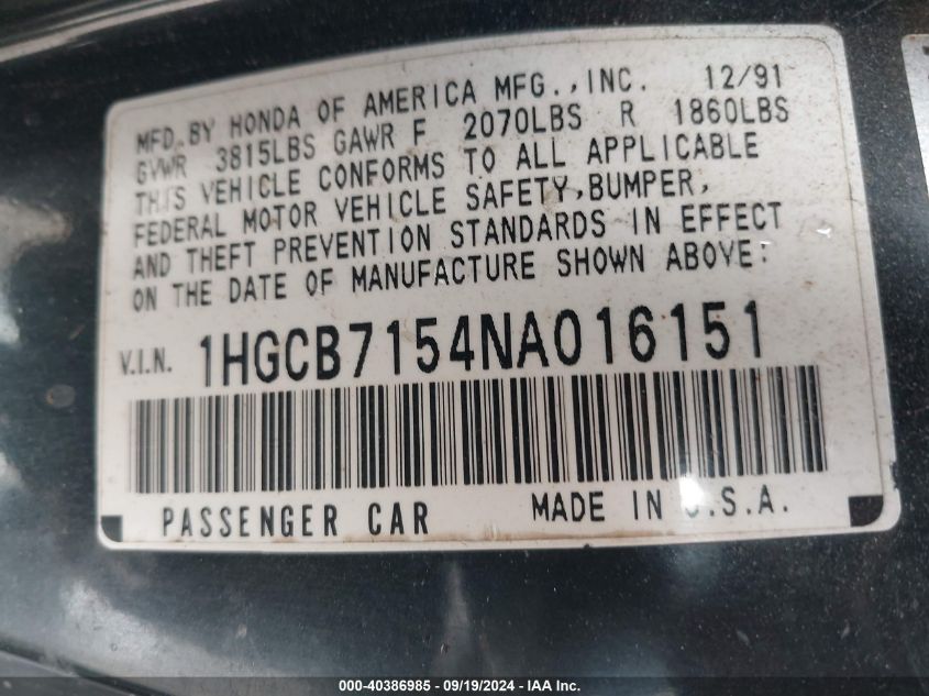 1HGCB7154NA016151 1992 Honda Accord Lx