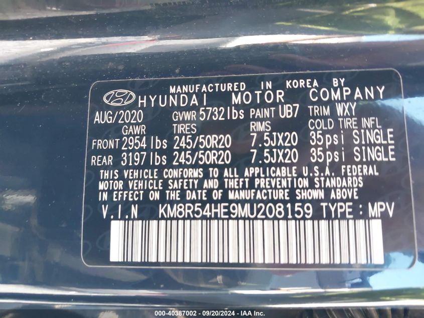 2021 Hyundai Palisade Limited VIN: KM8R54HE9MU208159 Lot: 40387002