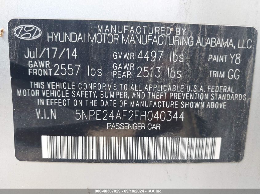 5NPE24AF2FH040344 2015 Hyundai Sonata Se