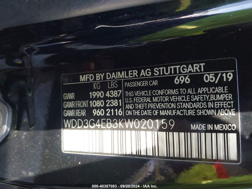 2019 Mercedes-Benz A 220 VIN: WDD3G4EB3KW020159 Lot: 40387083