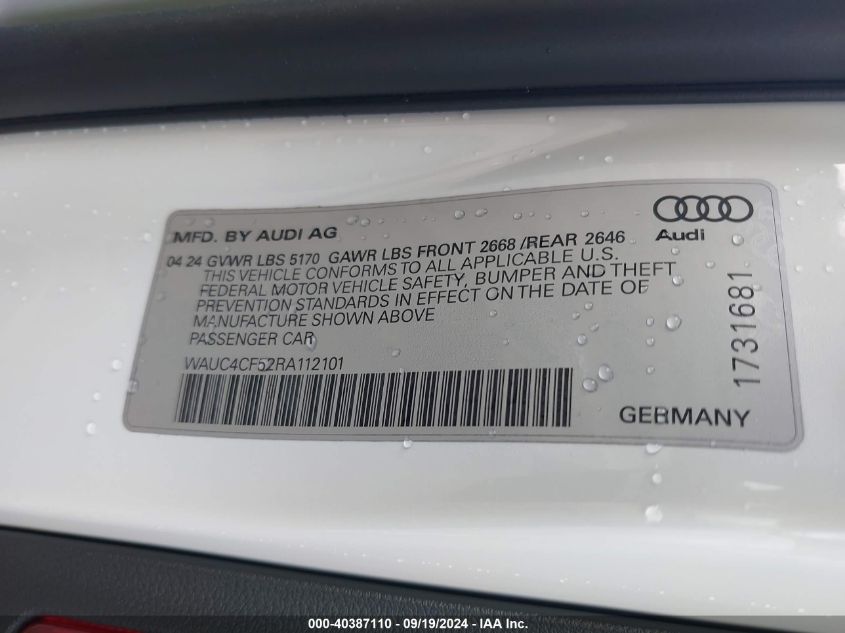 2024 Audi S5 Sportback Premium Plus Tfsi Quattro Tiptronic VIN: WAUC4CF52RA112101 Lot: 40387110