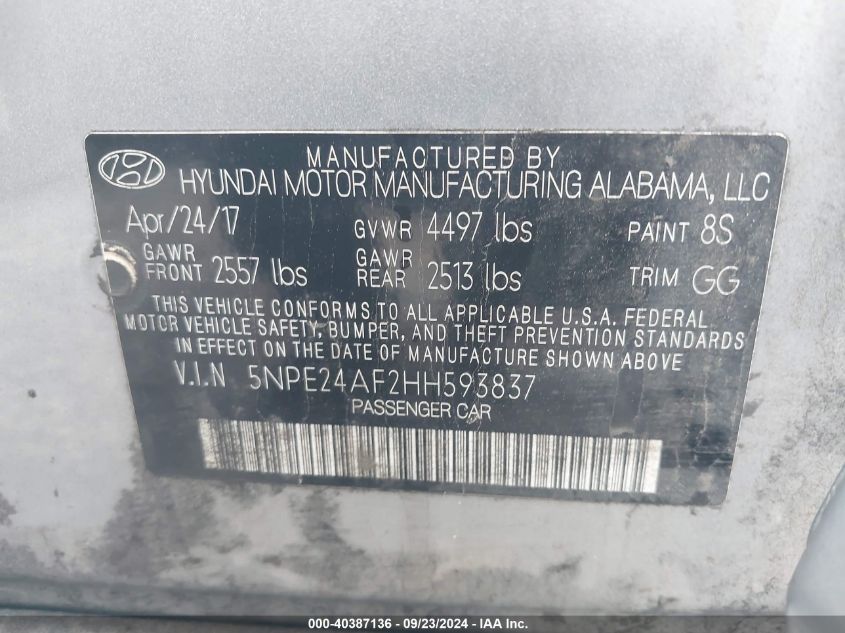 5NPE24AF2HH593837 2017 Hyundai Sonata Se