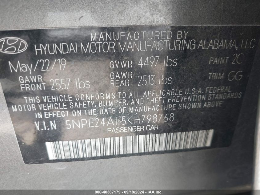 5NPE24AF5KH798768 2019 Hyundai Sonata Se