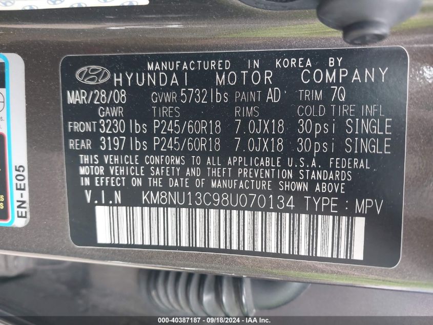 KM8NU13C98U070134 2008 Hyundai Veracruz Gls/Limited/Se