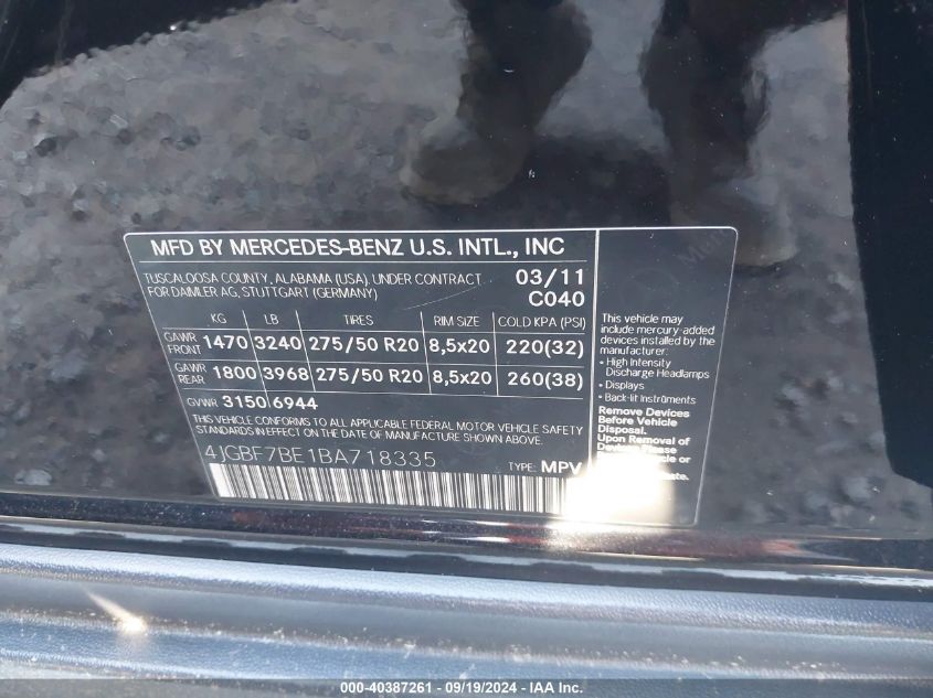 4JGBF7BE1BA718335 2011 Mercedes-Benz Gl 450 4Matic