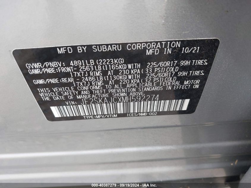 2021 Subaru Forester Premium VIN: JF2SKAJCXMH592274 Lot: 40387279