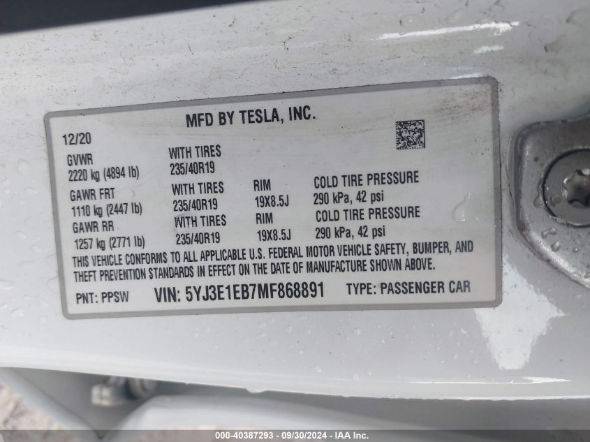 2021 Tesla Model 3 Long Range Dual Motor All-Wheel Drive VIN: 5YJ3E1EB7MF868891 Lot: 40387293