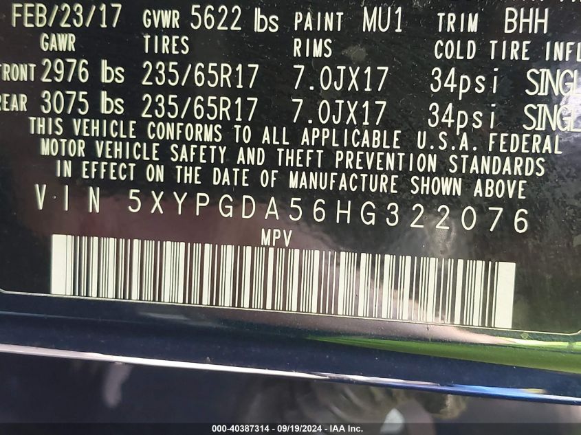 2017 KIA SORENTO 3.3L LX - 5XYPGDA56HG322076