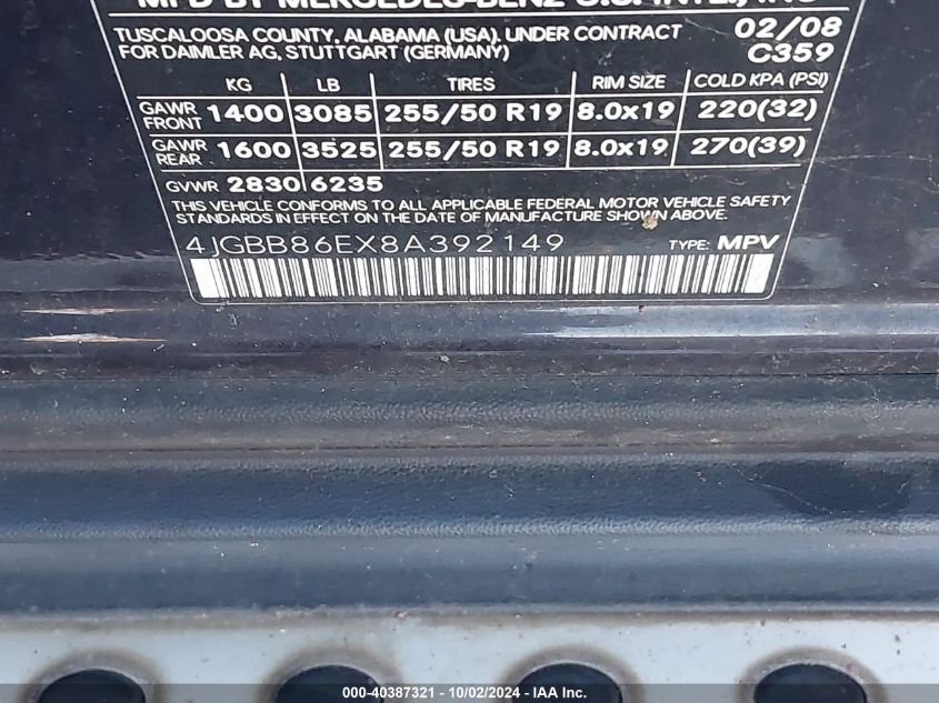 4JGBB86EX8A392149 2008 Mercedes-Benz Ml 350