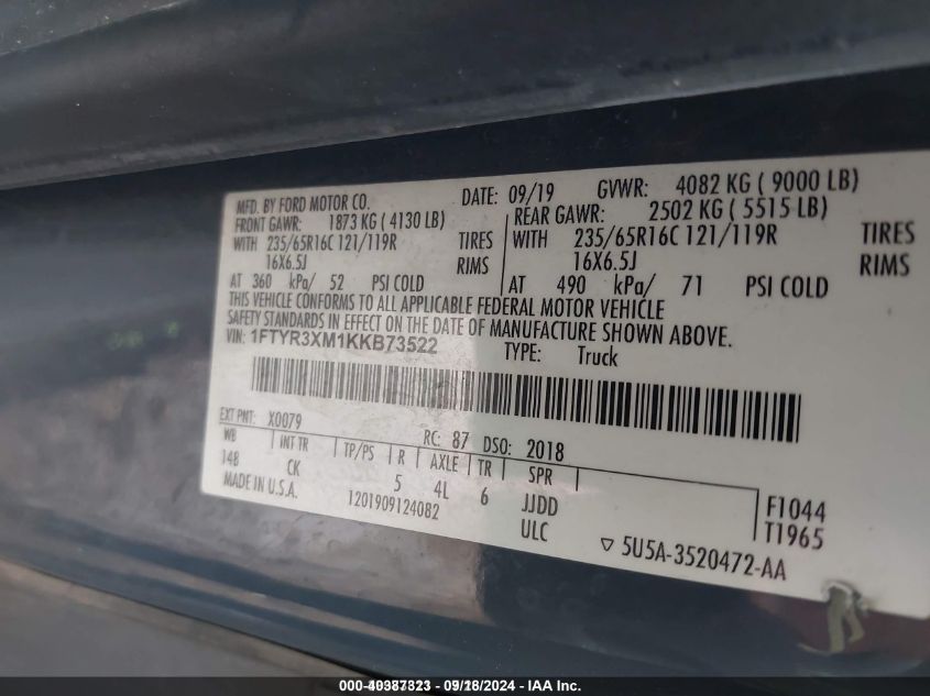 2019 Ford Transit-250 VIN: 1FTYR3XM1KKB73522 Lot: 40387323