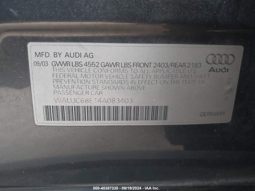 2004 Audi A4 1.8T VIN: WAUJC68E14A083403 Lot: 40387335