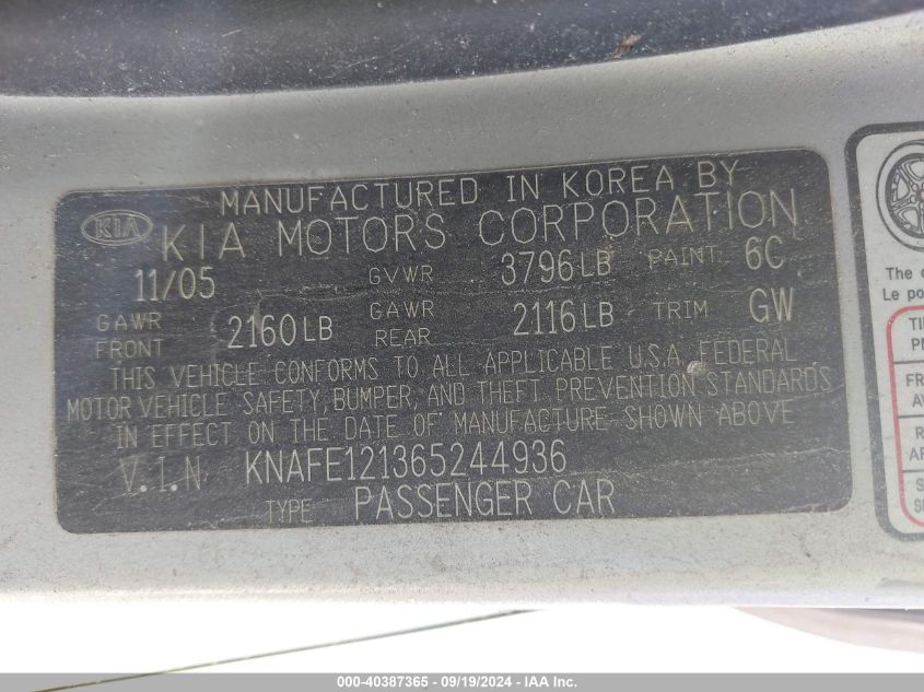 KNAFE121365244936 2006 Kia Spectra Ex/Lx/Sx