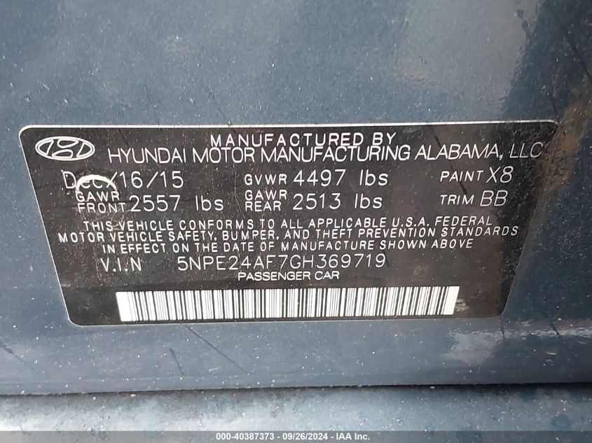 5NPE24AF7GH369719 2016 Hyundai Sonata Se