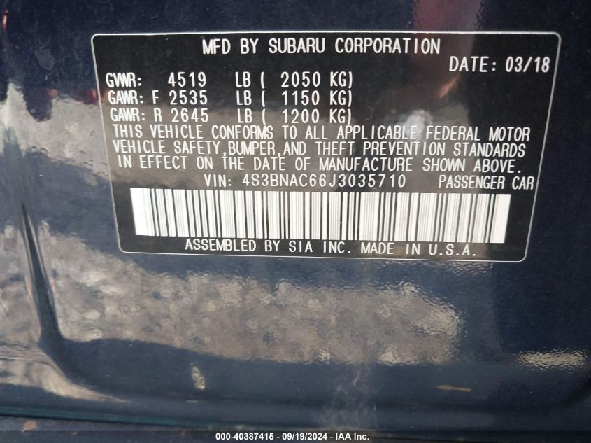 2018 Subaru Legacy Premium VIN: 4S3BNAC66J3035710 Lot: 40387415