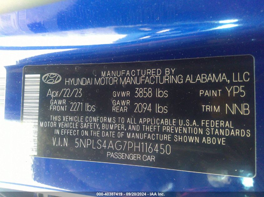 2023 Hyundai Elantra Sel VIN: 5NPLS4AG7PH116450 Lot: 40387419