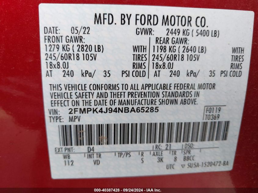 2022 Ford Edge Sel VIN: 2FMPK4J94NBA65285 Lot: 40387428