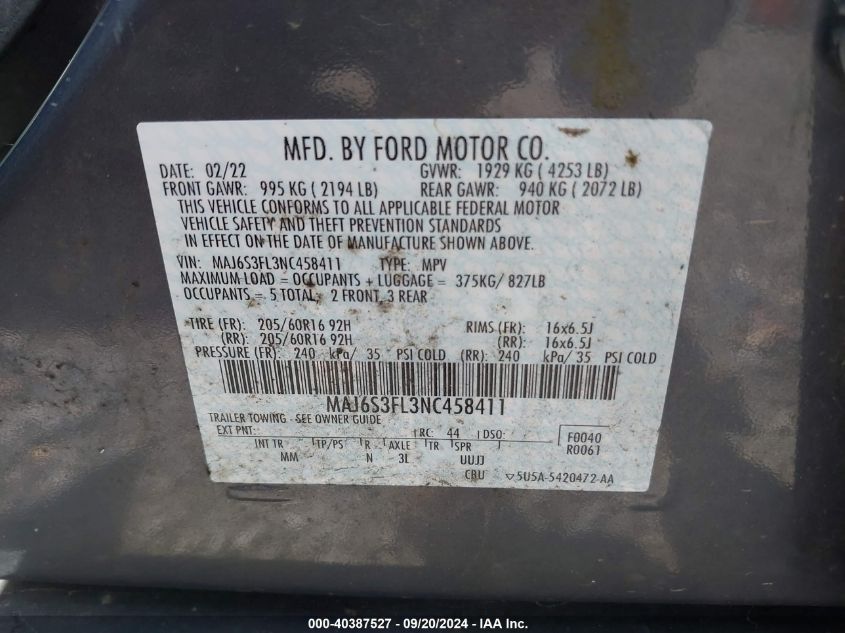 MAJ6S3FL3NC458411 2022 Ford Ecosport S