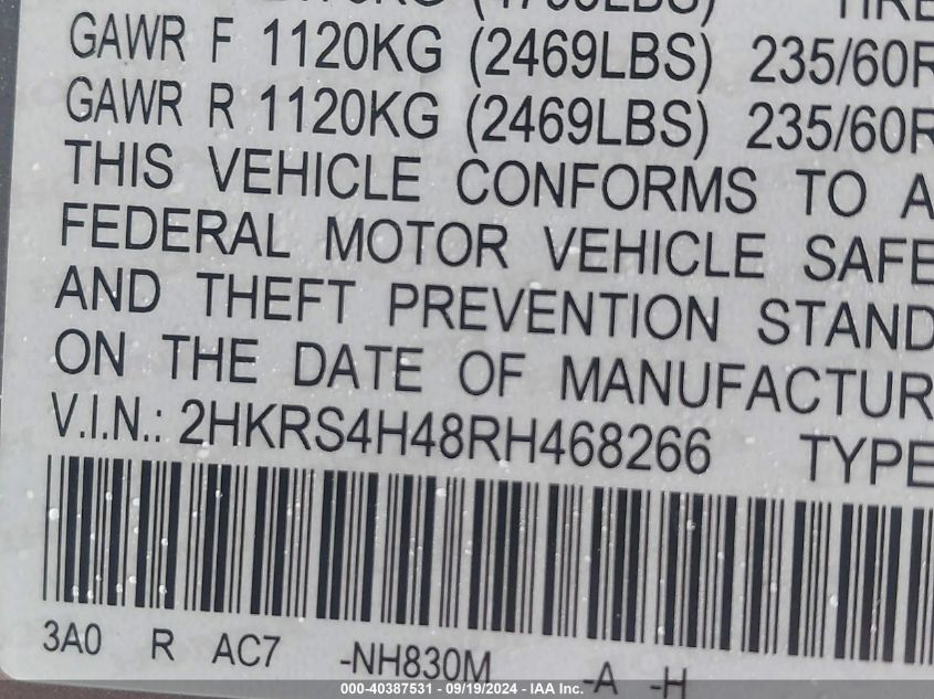 VIN 2HKRS4H48RH468266 2024 Honda CR-V, Ex Awd no.9